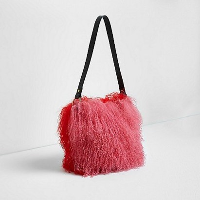 River Island pink and red mongolian fur leather bucket bag ~ large shaggy bags - flipped