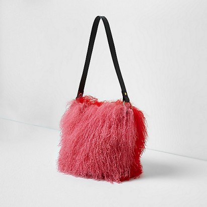 River Island pink and red mongolian fur leather bucket bag ~ large shaggy bags