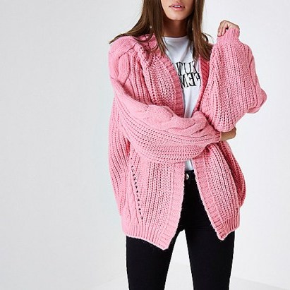 River Island Pink balloon sleeve cable knit cardigan – oversized cardigans - flipped
