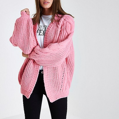 River Island Pink balloon sleeve cable knit cardigan – oversized cardigans