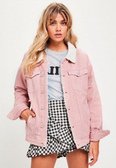 MISSGUIDED pink borg lined denim jacket | distressed jackets - flipped