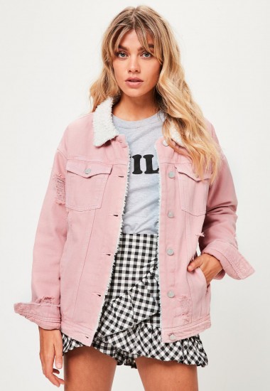MISSGUIDED pink borg lined denim jacket | distressed jackets