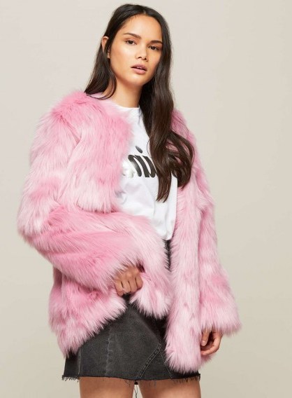 Miss Selfridge Pink Faux Fur Mid Length Coat / fluffy winter coats - flipped