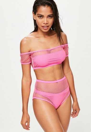 Missguided pink fishnet bardot bikini set #bikinis - flipped