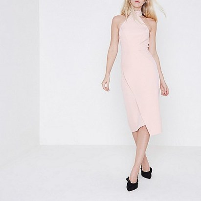 River Island Pink high neck wrap front midi bodycon dress – sleeveless asymmetric going out dresses - flipped