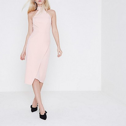 River Island Pink high neck wrap front midi bodycon dress – sleeveless asymmetric going out dresses