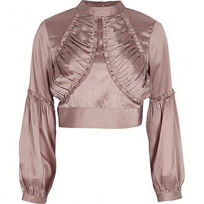 River Island Pink satin ruffle front high neck crop top - flipped