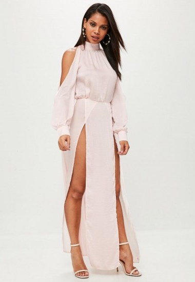 MISSGUIDED pink split front sleeve maxi dress | long statement evening dresses - flipped