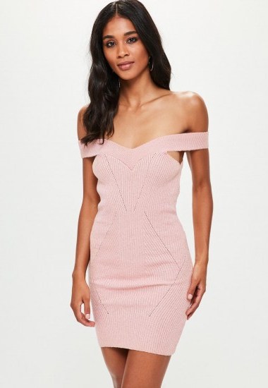 Missguided pink stitch detail bardot knitted mini dress #dresses #party - flipped