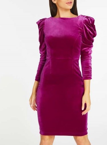 Dorothy Perkins Pink Velvet Ruched Sleeve Bodycon Dress – mutton sleeved party dresses - flipped