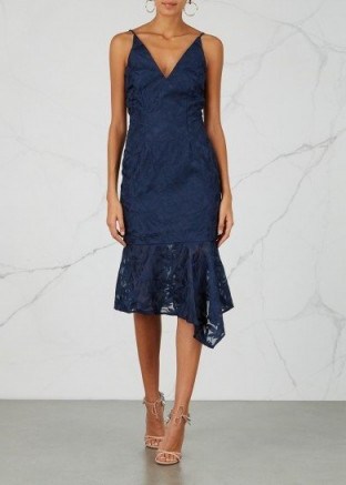 KEEPSAKE Plain Sight embroidered organza midi dress ~ blue fitted asymmetric hemline dresses - flipped