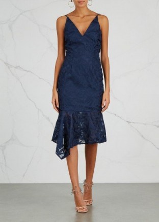 KEEPSAKE Plain Sight embroidered organza midi dress ~ blue fitted asymmetric hemline dresses