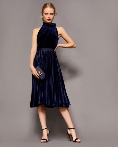 TED BAKER CORNELA Pleated velvet midi dress / dark blue party dresses