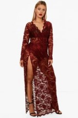 boohoo Plus Tamsin Lace Wrap Front Maxi Dress #berry #sheer #dresses #evening #curvy #party #glamour