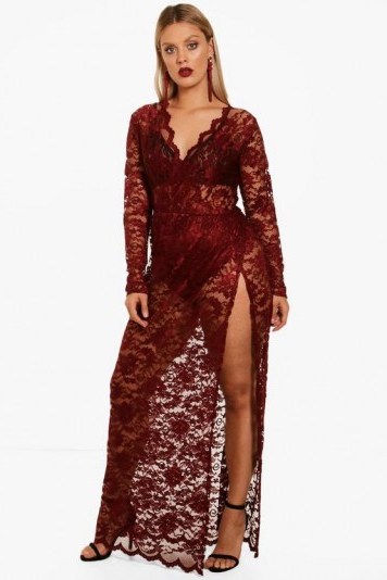 boohoo Plus Tamsin Lace Wrap Front Maxi Dress #berry #sheer #dresses #evening #curvy #party #glamour - flipped