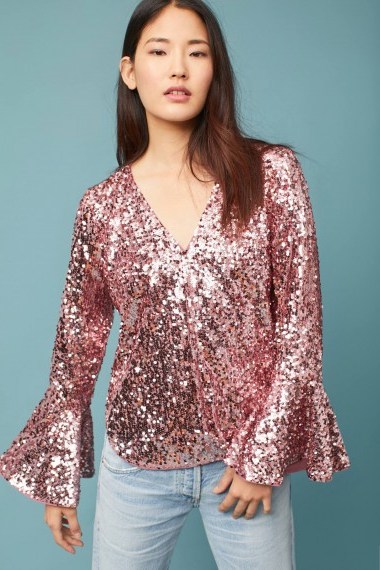 Moulinette Soeurs Pollina Sequin Bell Sleeve Top / pink shimmer fluted cuff tops - flipped