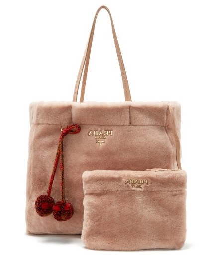 PRADA Pompom-embellished shearling tote | fluffy pink bags - flipped