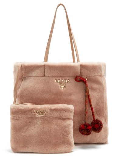 PRADA Pompom-embellished shearling tote | fluffy pink bags