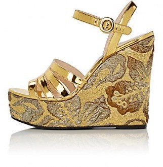 PRADA Leather & Brocade Wedge Sandals ~ luxe metallic-gold wedges - flipped