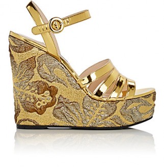 PRADA Leather & Brocade Wedge Sandals ~ luxe metallic-gold wedges