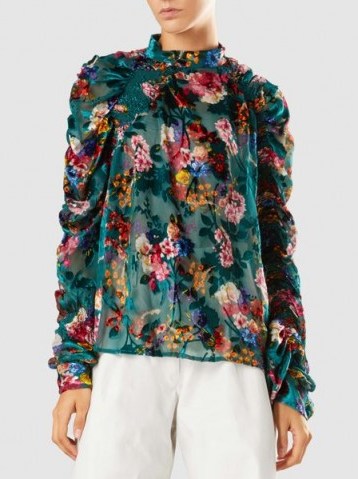 PREEN BY THORNTON BREGAZZI‎ Willa Botanical Ruffle Blouse ~ floral ruffled sleeve blouses ~ high neck devoré tops - flipped