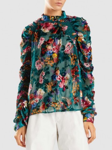 PREEN BY THORNTON BREGAZZI‎ Willa Botanical Ruffle Blouse ~ floral ruffled sleeve blouses ~ high neck devoré tops