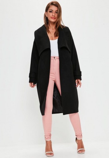 missguided premium black belted waterfall coat ~ shawl collar winter coats - flipped