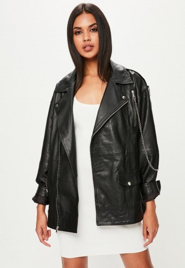 Missguided premium black leather biker jacket – oversized jackets - flipped