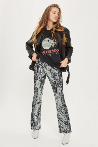 Topshop Premium Sequin Flare Trousers | gunmetal sequined pants