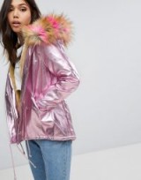 PrettyLittleThing Iridescent Faux Fur Hooded Parka | metallic-pink jackets