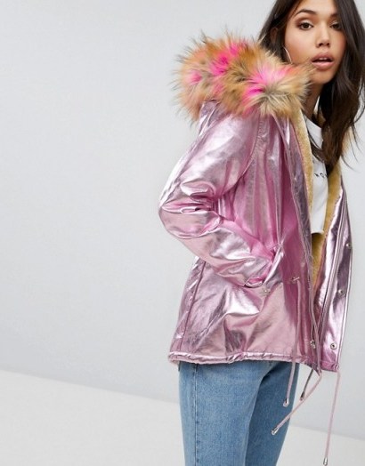 PrettyLittleThing Iridescent Faux Fur Hooded Parka | metallic-pink jackets - flipped