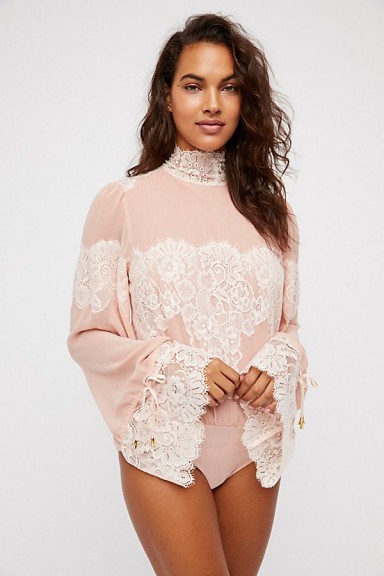 HAH Queen For A Day Bodysuit Copper Rose | lace detail wide sleeve bodysuits | high neck tops - flipped