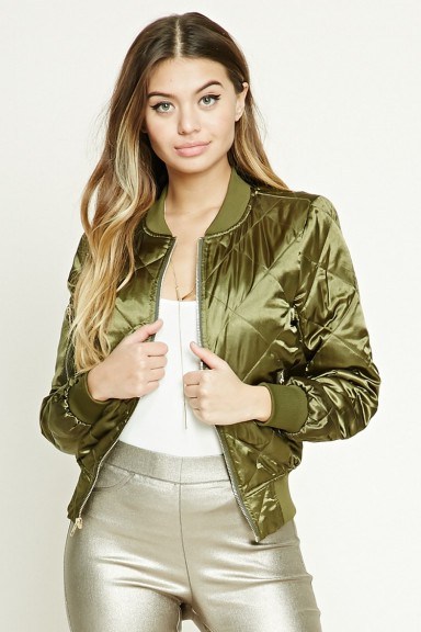 FOREVER 21 Quilted Bomber Jacket | olive-green jackets - flipped