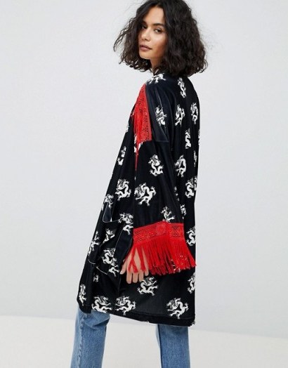 Reclaimed Vintage Inspired Velvet Dragon Kimono With Fringing | black and red fringed oriental style jackets | printed kimonos - flipped