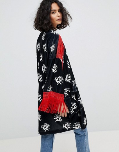 Reclaimed Vintage Inspired Velvet Dragon Kimono With Fringing | black and red fringed oriental style jackets | printed kimonos