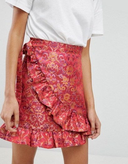 Reclaimed Vintage Inspired Wrap Front Skirt In Brocade | pink ruffled skirts - flipped