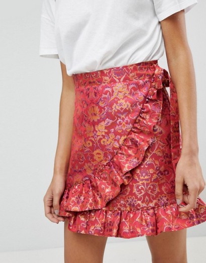 Reclaimed Vintage Inspired Wrap Front Skirt In Brocade | pink ruffled skirts
