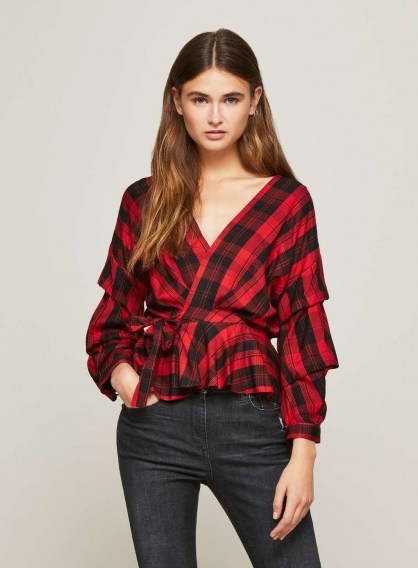 Miss Selfridge Red Checked Tuck Sleeve Wrap Blouse / check print blouses - flipped