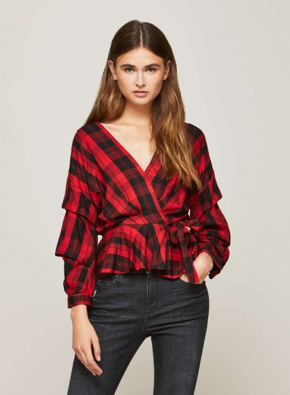 Miss Selfridge Red Checked Tuck Sleeve Wrap Blouse / check print blouses