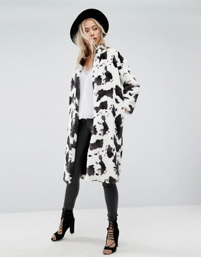 Religion Longline Coat In Cow Print Faux Fur | glamorous winter coats - flipped
