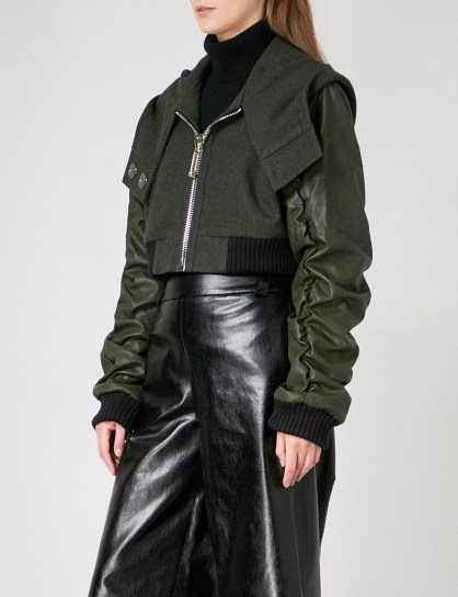 RESURRECTION Cropped faux-leather and wool bomber jacket | khaki crop jackets | contemporary style outerwear - flipped