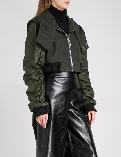 RESURRECTION Cropped faux-leather and wool bomber jacket | khaki crop jackets | contemporary style outerwear