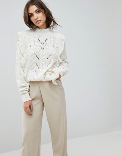River Island Beth Cable Frill Jumper | cream cold shoulder ruffled jumpers | pretty knitwear - flipped