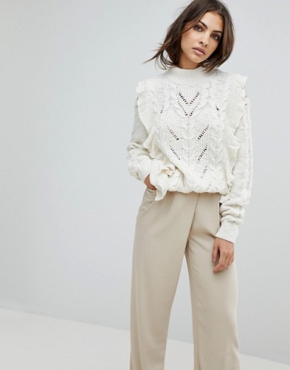 River Island Beth Cable Frill Jumper | cream cold shoulder ruffled jumpers | pretty knitwear