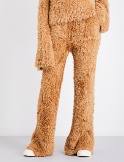 ROCKET X LUNCH Flared high-rise faux-angora trousers / fluffy camel brown teddy pants