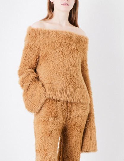 ROCKET X LUNCH Off-the-shoulder oversized faux-angora jumper / fluffy camel brown bardot jumpers - flipped