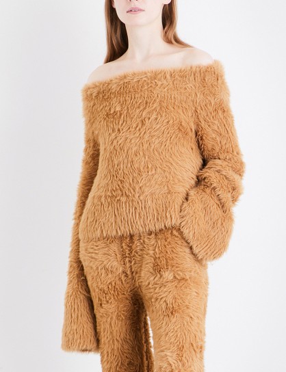 ROCKET X LUNCH Off-the-shoulder oversized faux-angora jumper / fluffy camel brown bardot jumpers