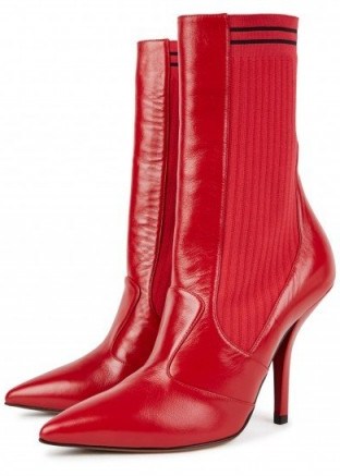 FENDI Rockoko red leather boots ~ ribbed stretch-knit side boot with pointy toe - flipped