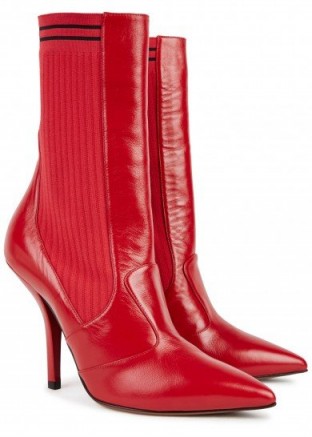 FENDI Rockoko red leather boots ~ ribbed stretch-knit side boot with pointy toe