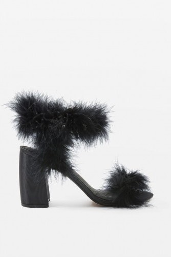Topshop ROMANCE Faux Fur Sandals / fluffy black block heeled sandal - flipped